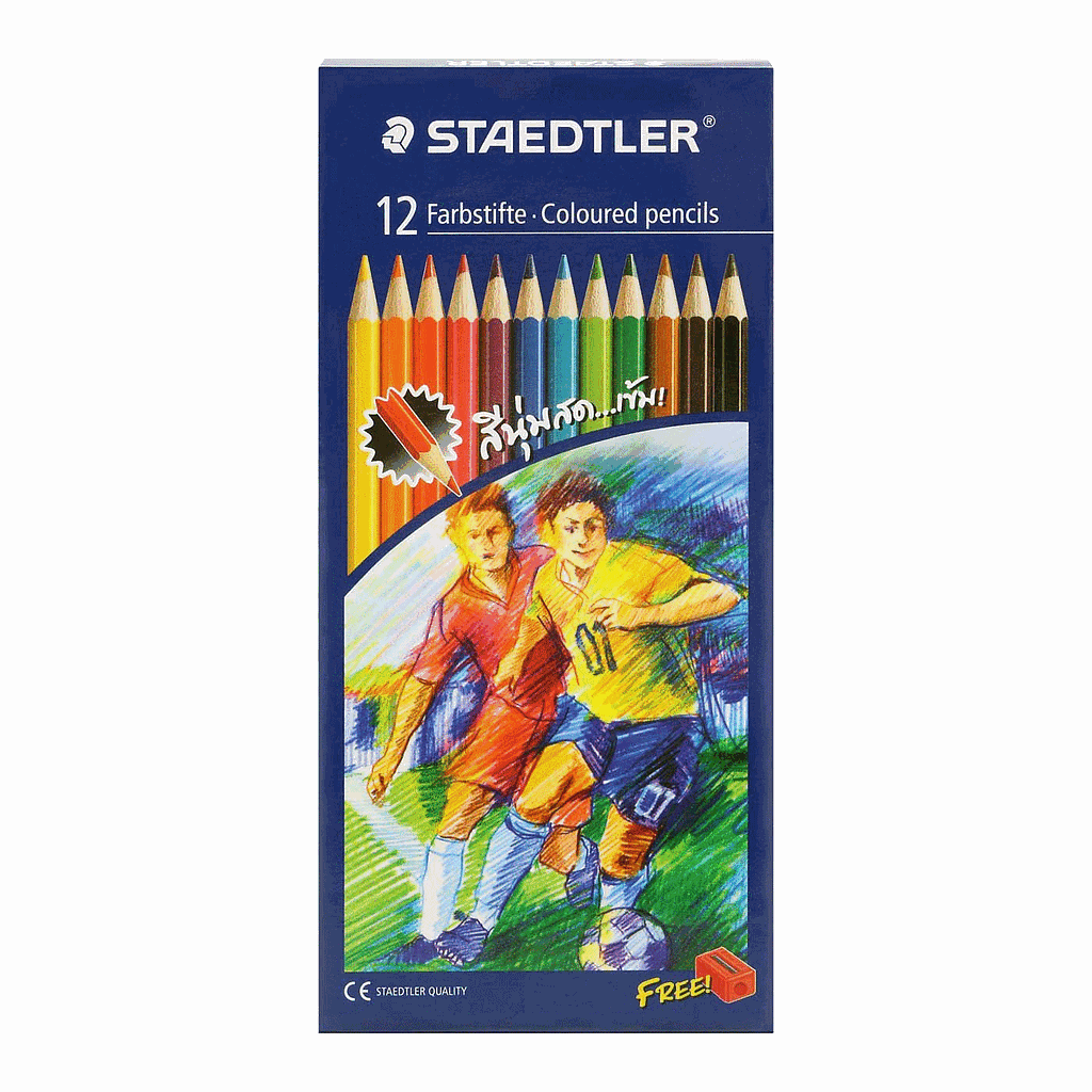 (กล่องน้ำเงิน)สีไม้ STAEDTLER NORIS-ลายฟุตบอล,สัตว์เลี้ยง-12สี+กบเหลา(12/20)
